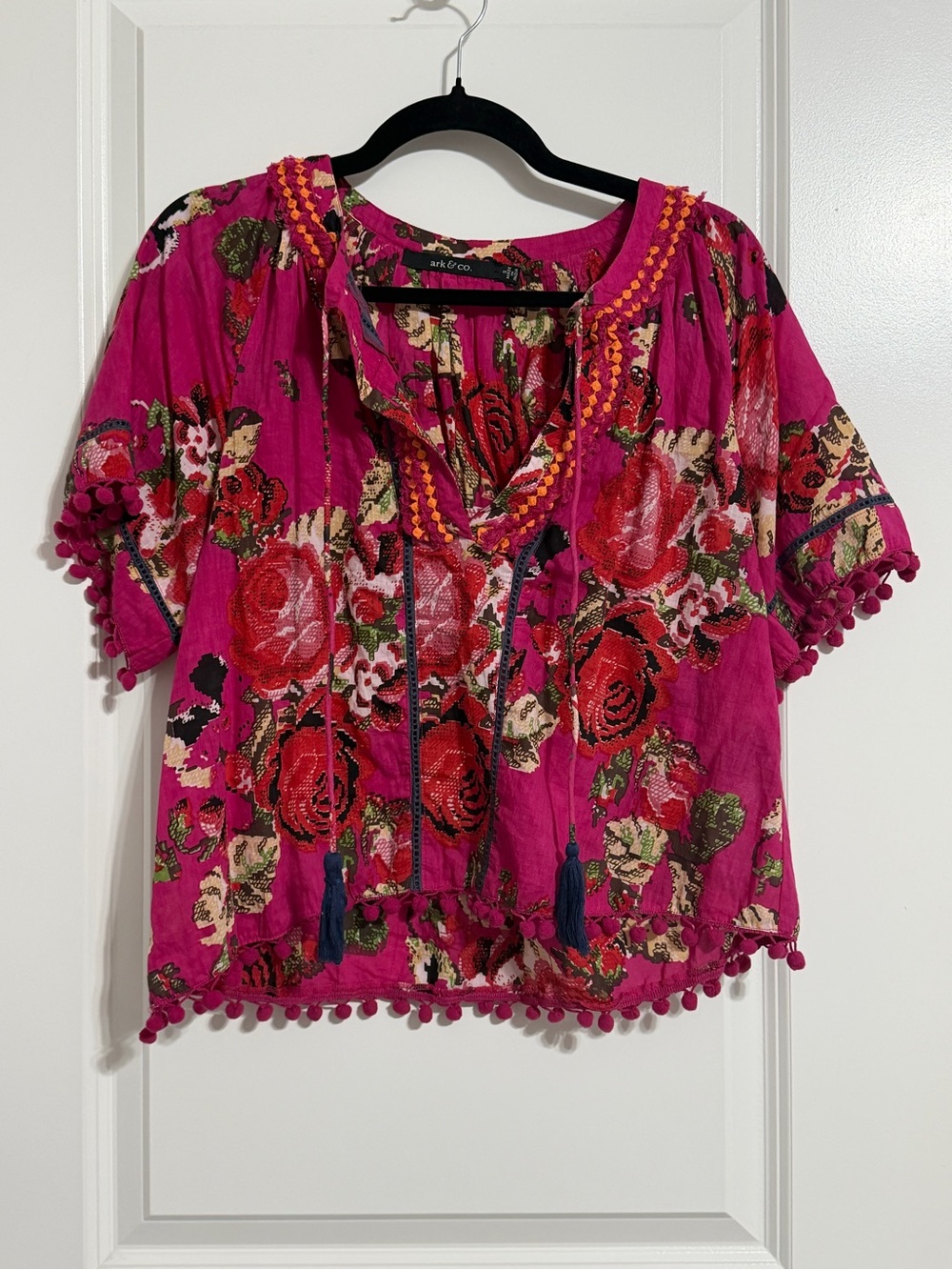 Anthropologie Magenta Floral Embroidered Peasant Top